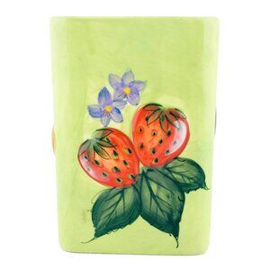 HOME FRUIT N' BERRIES 6" Ceramic Square Jar Green Raised Art 6" Utensil Holder